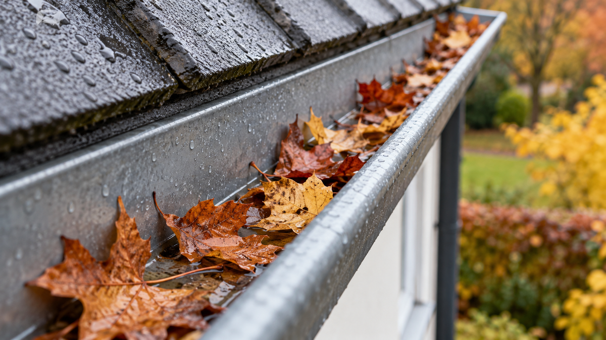 Herfstbladeren en regendruppels in een grijze metalen dakgoot