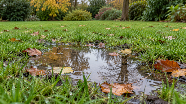 Ondiepe plas op een groen gazon met herfstbladeren na regen.