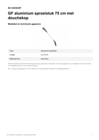 Maattabel en technische gegevens — GF aluminium sproeistuk 75 cm met douchekop