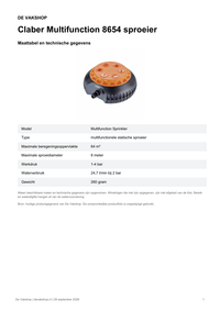 Maattabel en technische gegevens — Claber Multifunction 8654 sproeier