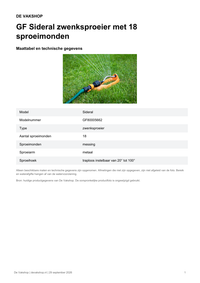 Maattabel en technische gegevens — GF Sideral zwenksproeier met 18 sproeimonden