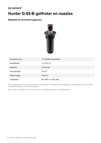 Maattabel en technische gegevens — Hunter G-85-B golfrotor en nozzles