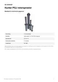 Maattabel en technische gegevens — Hunter PGJ rotorsproeier
