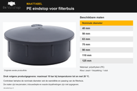 Maattabel PE eindstop voor filterbuis met originele productfoto en nominale diameters van 40 tot 125 mm