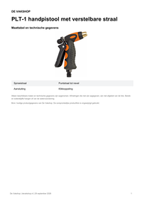 Maattabel en technische gegevens — PLT-1 handpistool met verstelbare straal