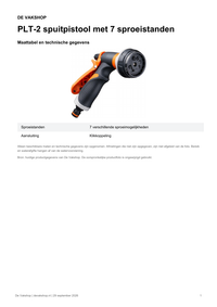 Maattabel en technische gegevens — PLT-2 spuitpistool met 7 sproeistanden