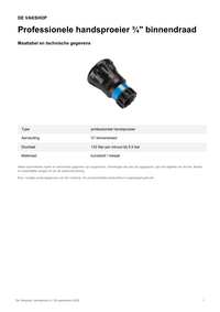 Maattabel en technische gegevens — Professionele handsproeier ¾" binnendraad