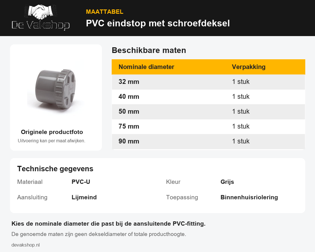 Maattabel PVC eindstop met schroefdeksel met originele productfoto: 32, 40, 50, 75 en 90 mm, per stuk