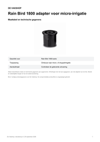 Maattabel en technische gegevens — Rain Bird 1800 adapter voor micro-irrigatie