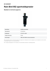 Maattabel en technische gegevens — Rain Bird 952 sportveldsproeier