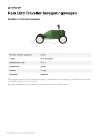 Maattabel en technische gegevens — Rain Bird Traveller beregeningswagen