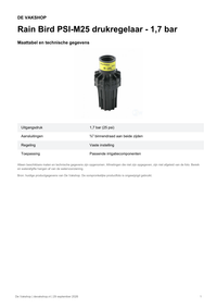 Maattabel en technische gegevens — Rain Bird PSI-M25 drukregelaar – 1,7 bar