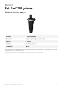 Maattabel en technische gegevens — Rain Bird 752B golfrotor