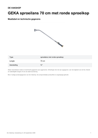 Maattabel en technische gegevens — GEKA sproeilans 70 cm met ronde sproeikop