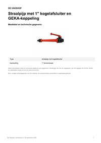 Maattabel en technische gegevens — Straalpijp met 1" kogelafsluiter en GEKA-koppeling