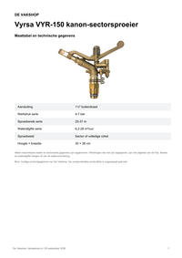 Maattabel en technische gegevens — Vyrsa VYR-150 kanon-sectorsproeier