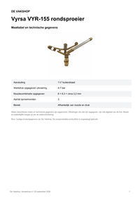 Maattabel en technische gegevens — Vyrsa VYR-155 rondsproeier