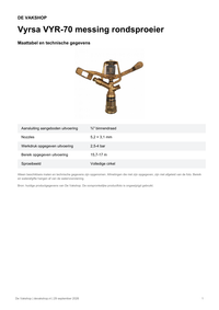 Maattabel en technische gegevens — Vyrsa VYR-70 messing rondsproeier