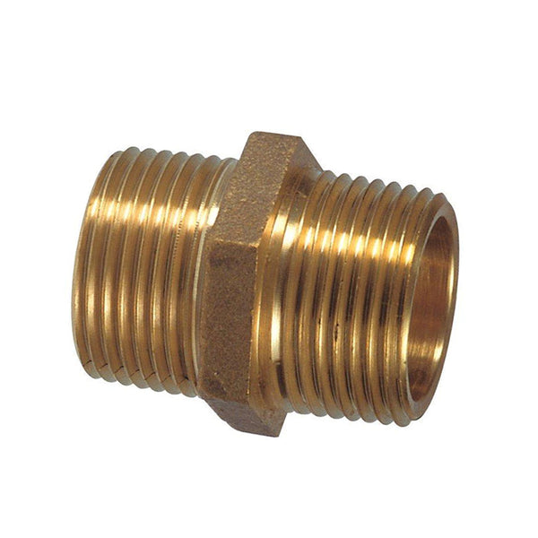 Dubbele nippel, messing,  2x buitendraad,