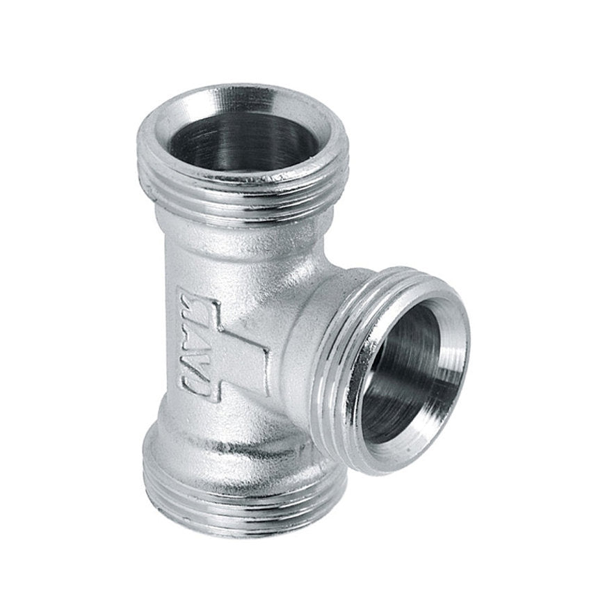 T-stuk 90°, messing, vernikkeld, t.b.v. vloerverwarming, 3x euroconus, ¾